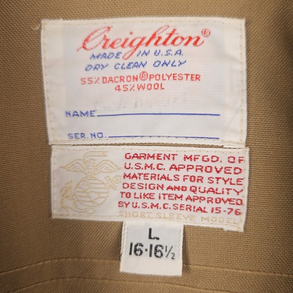Vintage Creighton USMC Shirt Khaki Tan Wool Blend‎ Button Up Mens Large 16.5 USA - Picture 3 of 9